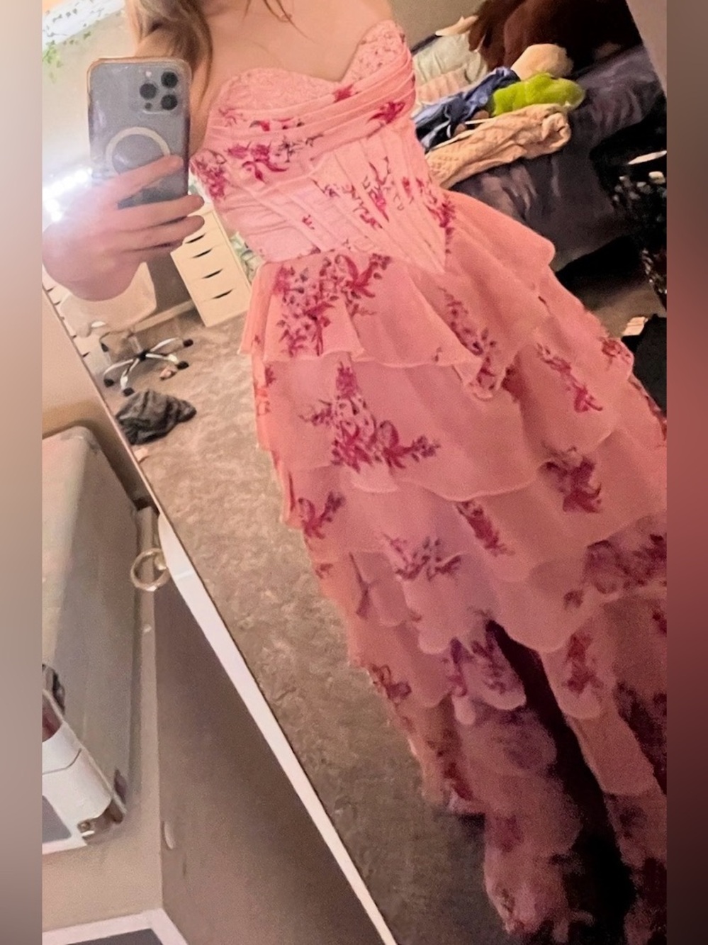 Pink Floral Tiered Corset Dress